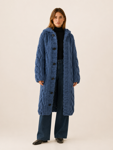 Women's Cable Knit Hooded Longline Cardigan Coat