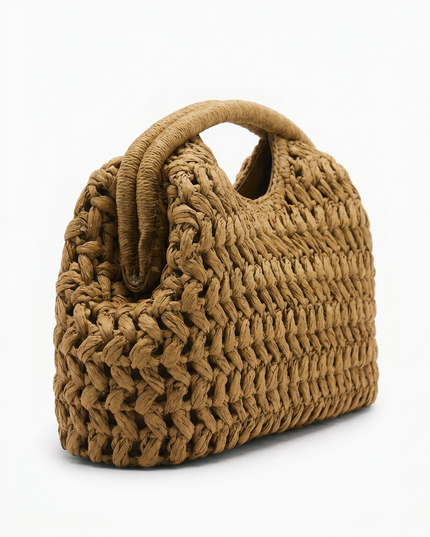 Women's Camel Straw Clutch Bag with a Knotted Top Handle