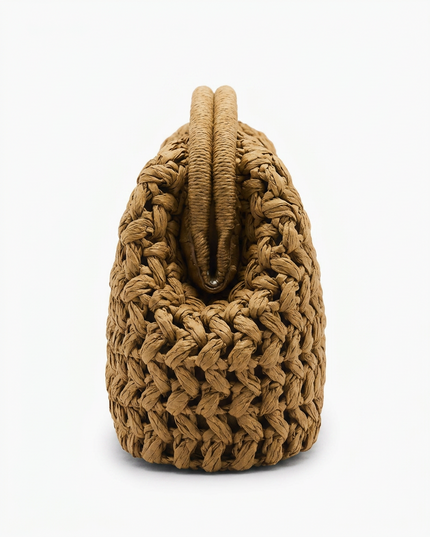 Women's Camel Straw Clutch Bag with a Knotted Top Handle