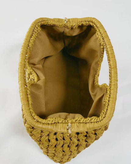 Women's Camel Straw Clutch Bag with a Knotted Top Handle