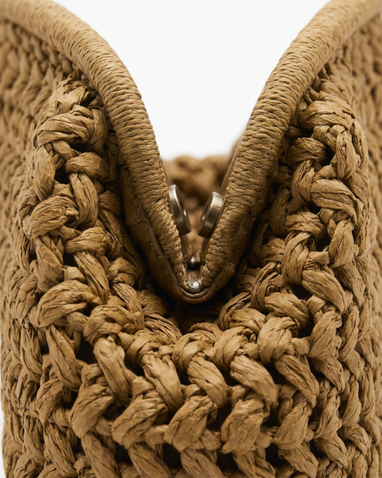 Women's Camel Straw Clutch Bag with a Knotted Top Handle