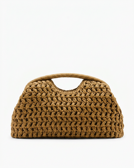 Women's Camel Straw Clutch Bag with a Knotted Top Handle