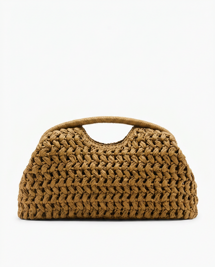 Women's Camel Straw Clutch Bag with a Knotted Top Handle