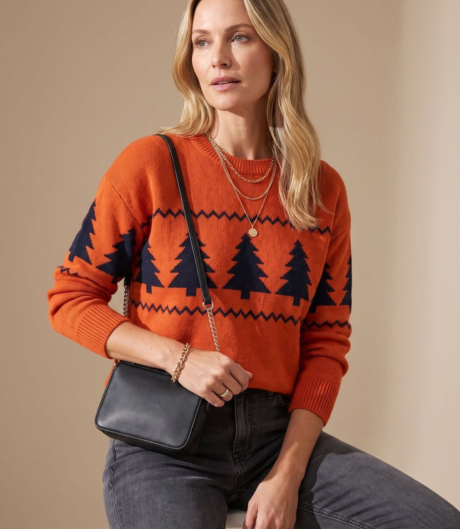 Women's Christmas Tree Crew Neck Loose Knit Sweater