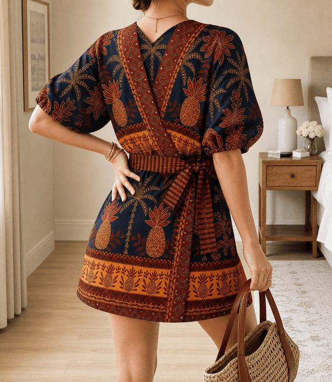 Women's Coastal Shell Print Puff Sleeve Wrap Romper