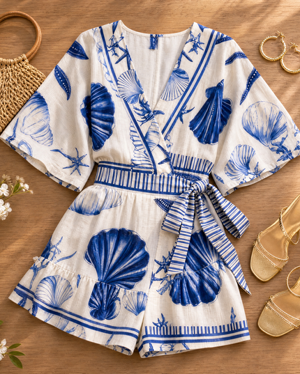 Women's Coastal Shell Print Puff Sleeve Wrap Romper