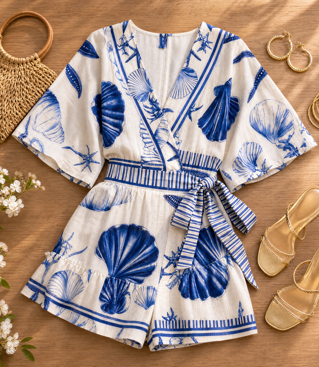 Women's Coastal Shell Print Puff Sleeve Wrap Romper