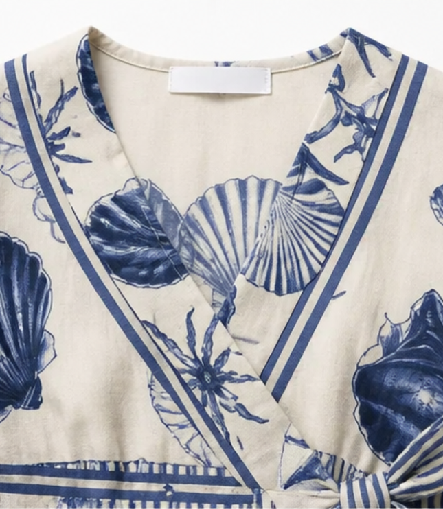 Women's Coastal Shell Print Puff Sleeve Wrap Romper