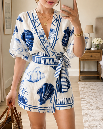 Women's Coastal Shell Print Puff Sleeve Wrap Romper