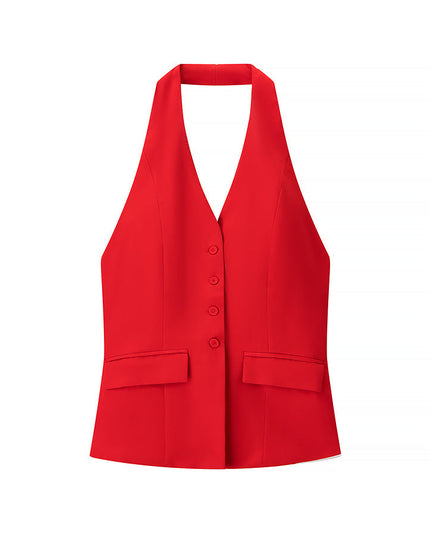 Close-up of red halter vest top with V-neck, buttons, and flap pockets for cocktail wear