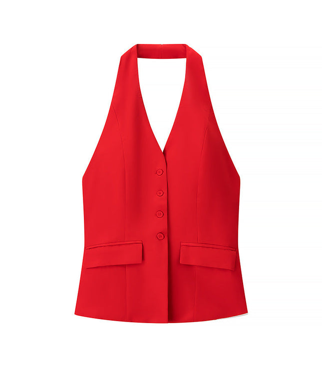 Close-up of red halter vest top with V-neck, buttons, and flap pockets for cocktail wear