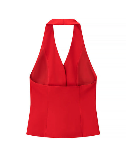 Back view of red halter vest top showing open-back design and fitted waist detail