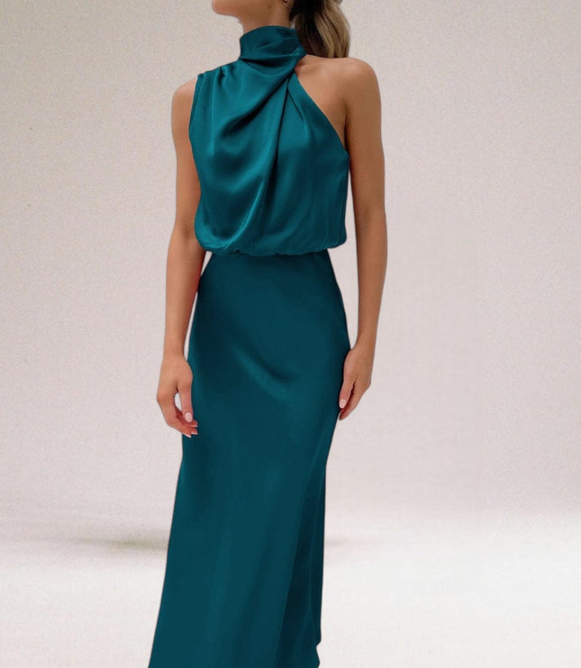 Teal halter midi dress with high neck drape and sleeveless cocktail style