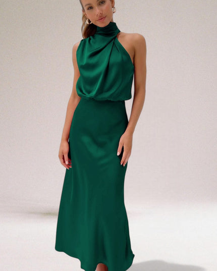 Emerald green halter midi dress with gathered satin bodice and skirt