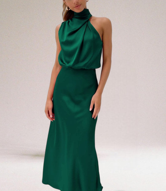 Emerald green halter midi dress with gathered satin bodice and skirt