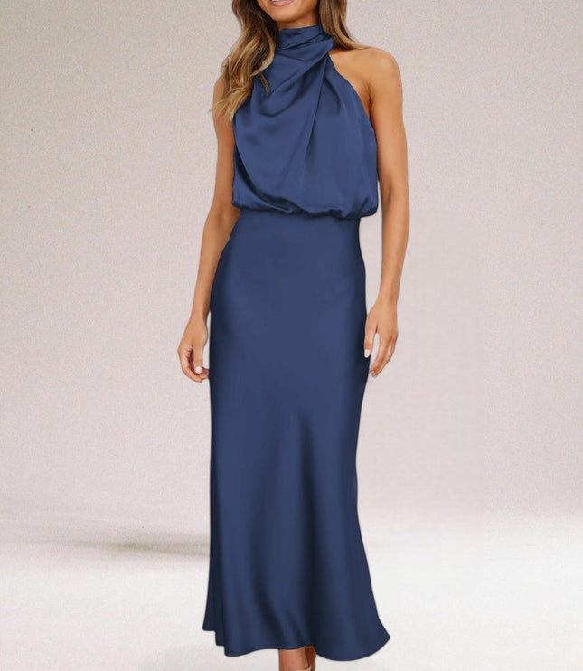Blue halter midi dress with draped neckline and smooth fitted cocktail silhouette