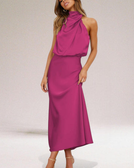 Magenta halter midi dress with glossy draped top and straight midi skirt
