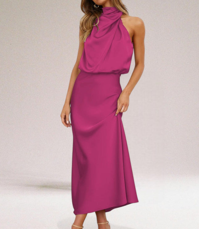 Magenta halter midi dress with glossy draped top and straight midi skirt