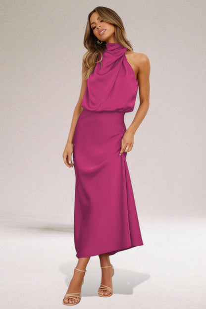 Magenta halter midi dress with glossy draped top and straight midi skirt