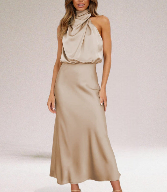 Champagne beige halter midi dress with soft draped satin bodice and elegant fit