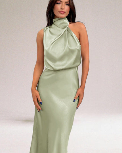Sage green halter midi dress with draped satin top and fitted skirt