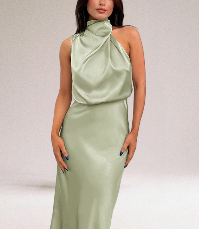 Sage green halter midi dress with draped satin top and fitted skirt