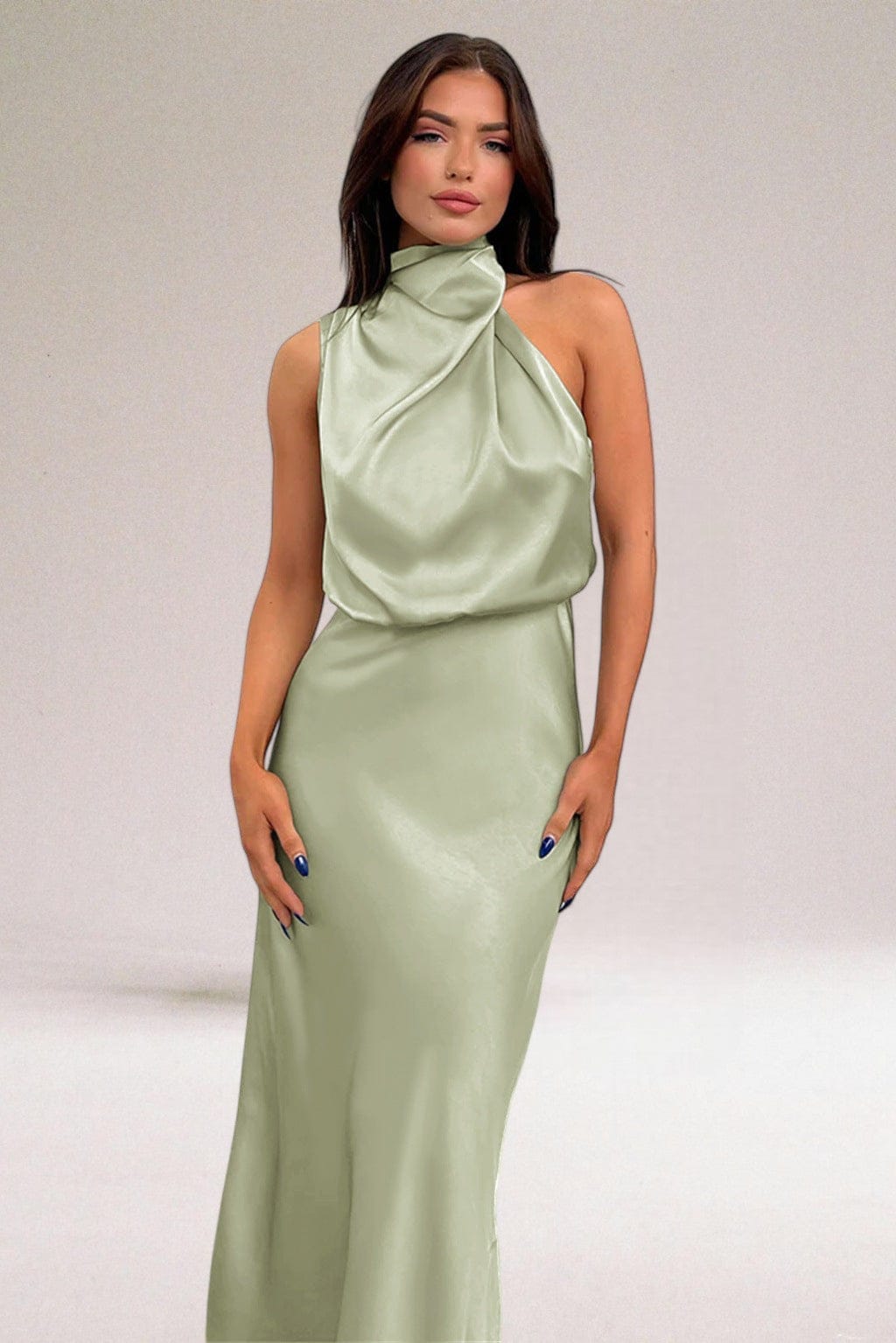 Sage green halter midi dress with draped satin top and fitted skirt