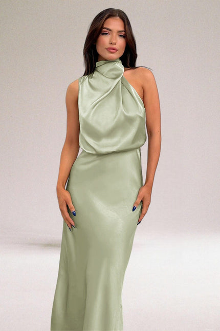 Sage green halter midi dress with draped satin top and fitted skirt