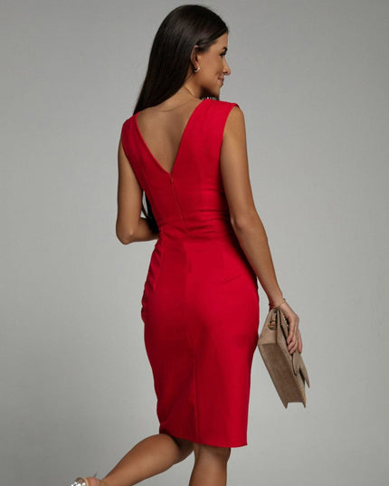 Back view of red sleeveless midi dress with deep V back and fitted cocktail silhouette