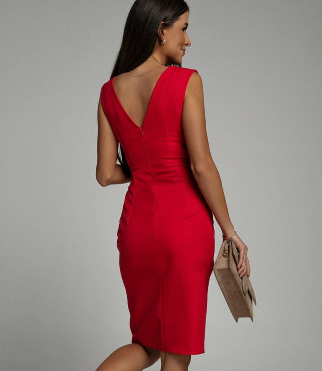 Back view of red sleeveless midi dress with deep V back and fitted cocktail silhouette