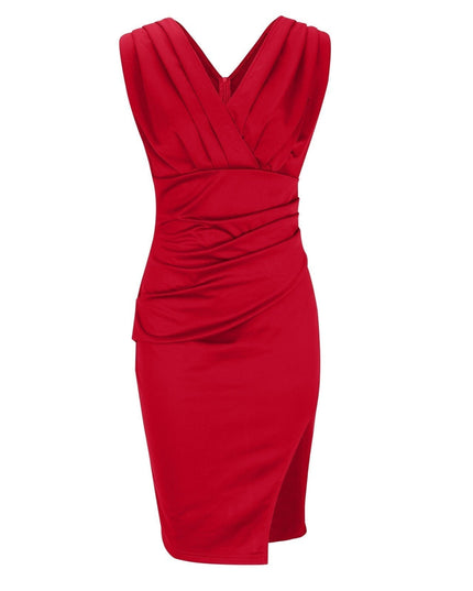 Front view of red pleated V neck midi dress with draped bodice and fitted skirt