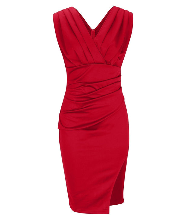 Front view of red pleated V neck midi dress with draped bodice and fitted skirt