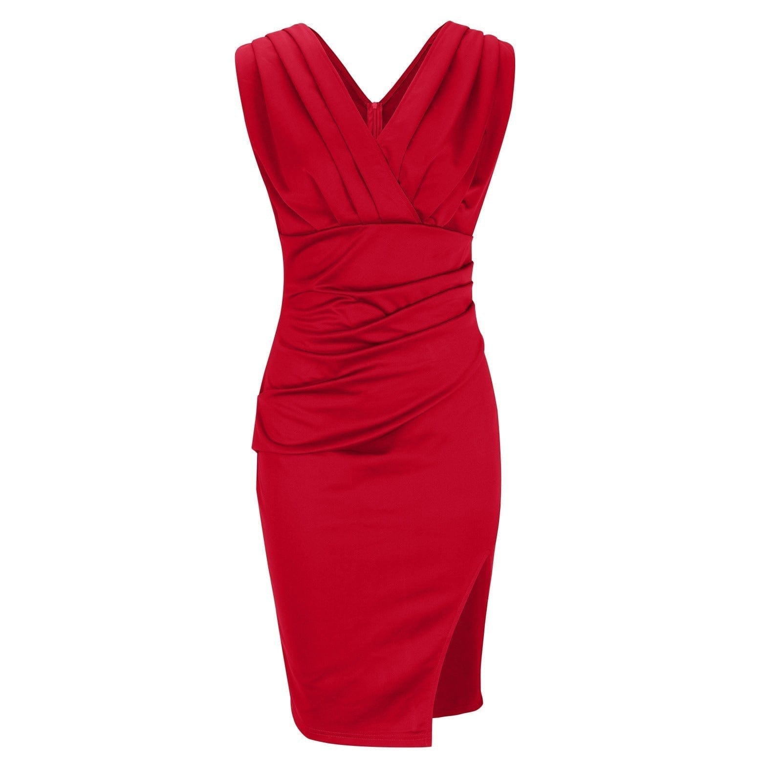 Front view of red pleated V neck midi dress with draped bodice and fitted skirt