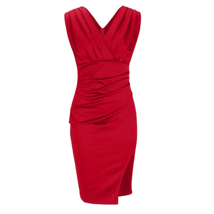 Front view of red pleated V neck midi dress with draped bodice and fitted skirt