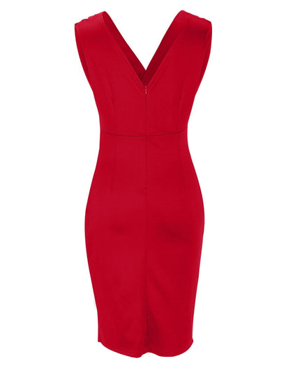 Back view of red pleated V neck midi dress with deep V back and hidden zipper