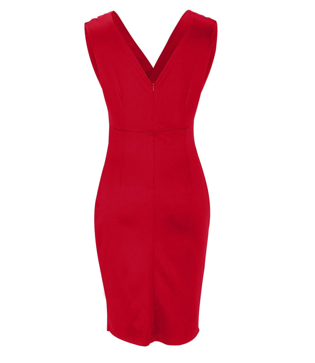 Back view of red pleated V neck midi dress with deep V back and hidden zipper