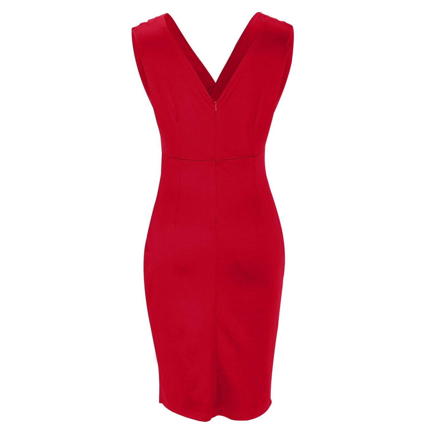 Back view of red pleated V neck midi dress with deep V back and hidden zipper