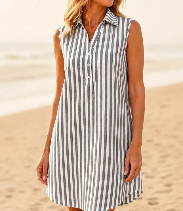Women's Collared Striped Sleeveless Shirt Dress