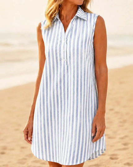 Women's Collared Striped Sleeveless Shirt Dress