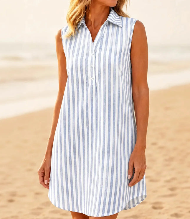 Women's Collared Striped Sleeveless Shirt Dress