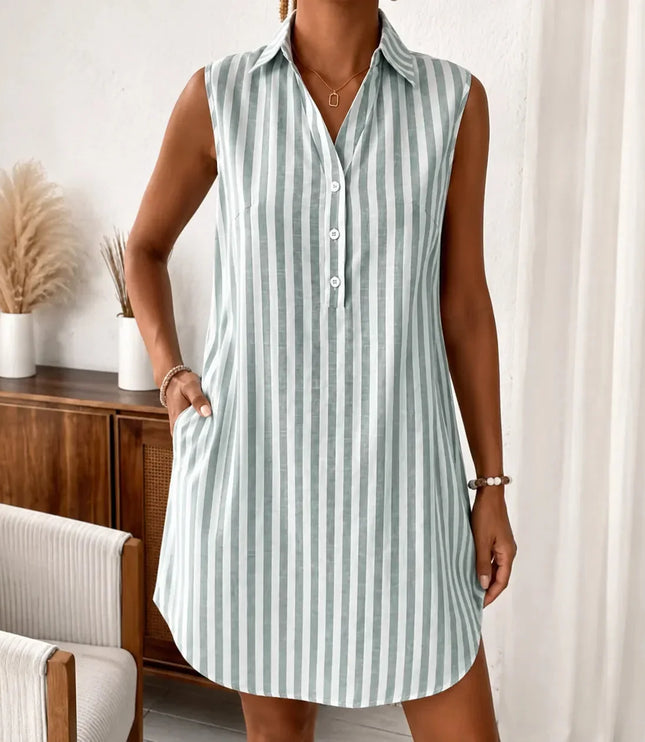 Women's Collared Striped Sleeveless Shirt Dress