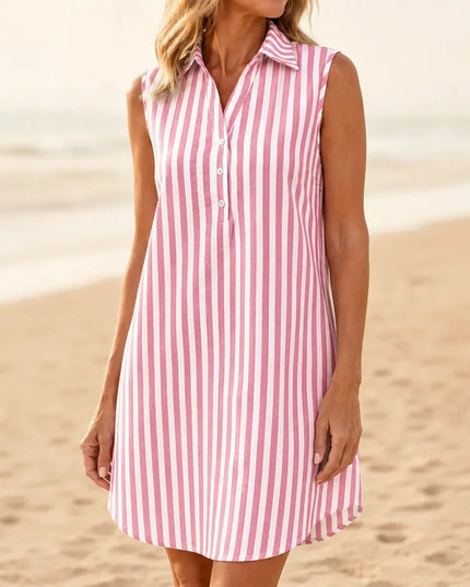 Women's Collared Striped Sleeveless Shirt Dress