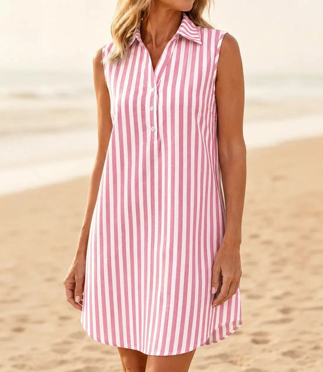 Women's Collared Striped Sleeveless Shirt Dress