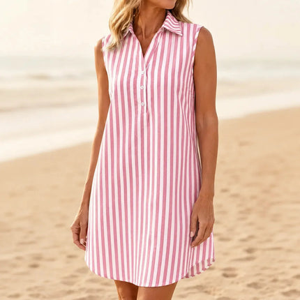 Women's Collared Striped Sleeveless Shirt Dress