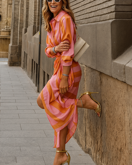 Side view of pink and orange striped midi dress with wrap tie detail and long sleeves