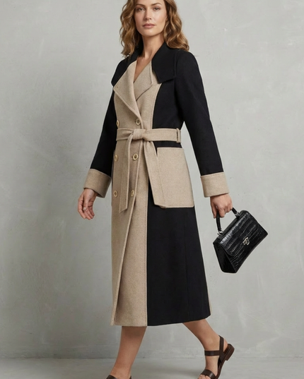 Women's Contrast Double Breasted Tailored Longline Coat