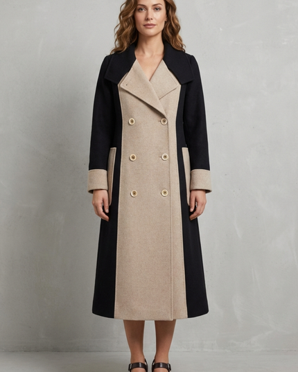 Women's Contrast Double Breasted Tailored Longline Coat