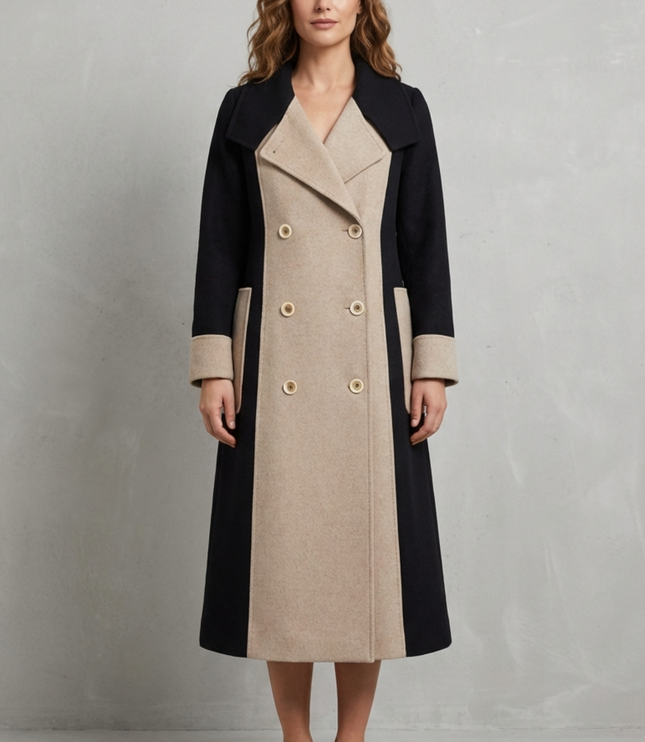 Women's Contrast Double Breasted Tailored Longline Coat