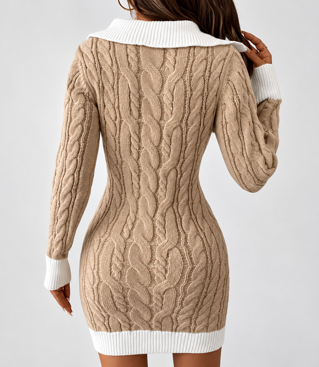 Women's Contrast-Trim Cable Knit Dress in Beige