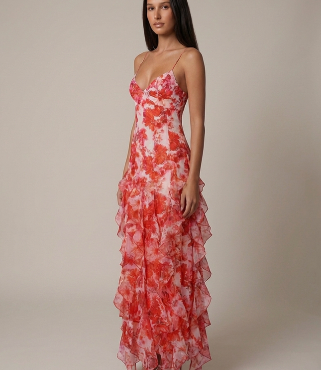 Women's Coral V-Neck Summer Wedding Guest Maxi Dress